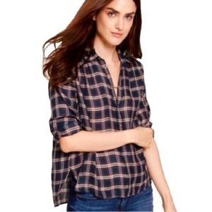 LOFT Checkered Soften Blue/Red Career Plaid‎ Colored Button Down Shirt, Size S